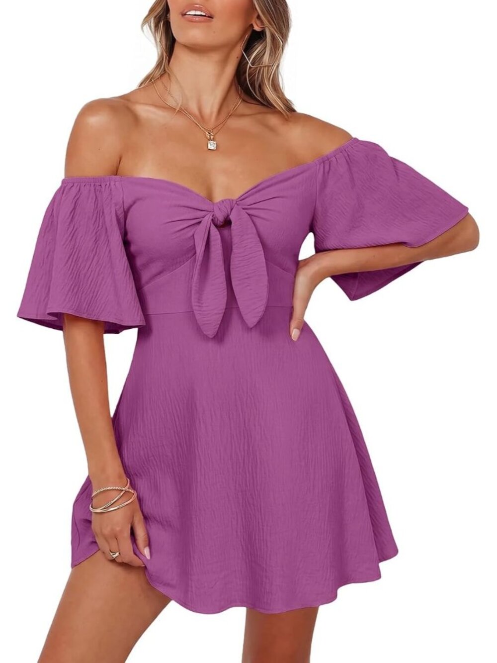 Women's Meadow Summer Deep Short Sleeve V Neck Elegant Bow Tie Mini Party Dress